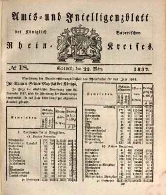 Amts- und Intelligenzblatt des Königlich Bayerischen Rheinkreises (Königlich bayerisches Amts- und Intelligenzblatt für die Pfalz) Mittwoch 22. März 1837