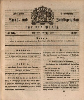 Königlich bayerisches Amts- und Intelligenzblatt für die Pfalz Donnerstag 25. Juli 1839