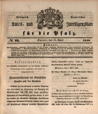 Königlich bayerisches Amts- und Intelligenzblatt für die Pfalz Samstag 25. April 1840