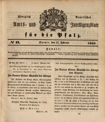 Königlich bayerisches Amts- und Intelligenzblatt für die Pfalz Samstag 26. Februar 1842