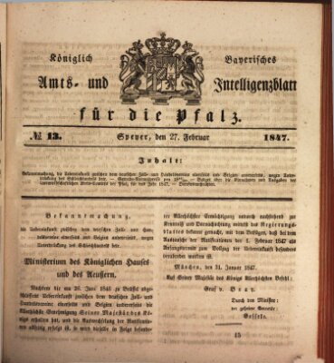 Königlich bayerisches Amts- und Intelligenzblatt für die Pfalz Samstag 27. Februar 1847