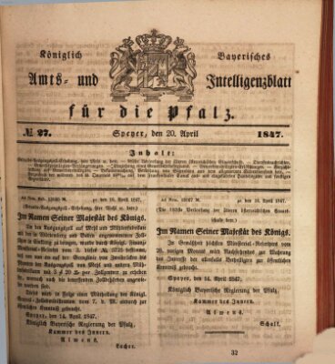 Königlich bayerisches Amts- und Intelligenzblatt für die Pfalz Dienstag 20. April 1847
