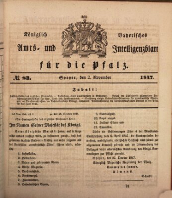 Königlich bayerisches Amts- und Intelligenzblatt für die Pfalz Dienstag 2. November 1847