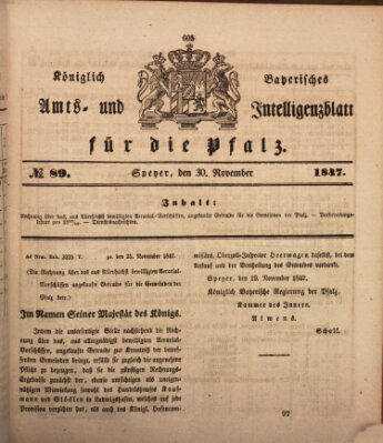 Königlich bayerisches Amts- und Intelligenzblatt für die Pfalz Dienstag 30. November 1847