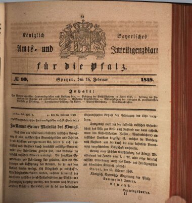 Königlich bayerisches Amts- und Intelligenzblatt für die Pfalz Mittwoch 16. Februar 1848