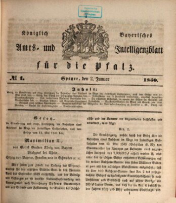 Königlich bayerisches Amts- und Intelligenzblatt für die Pfalz Mittwoch 2. Januar 1850