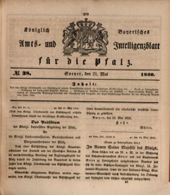 Königlich bayerisches Amts- und Intelligenzblatt für die Pfalz Dienstag 21. Mai 1850