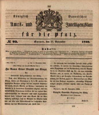 Königlich bayerisches Amts- und Intelligenzblatt für die Pfalz Mittwoch 20. November 1850