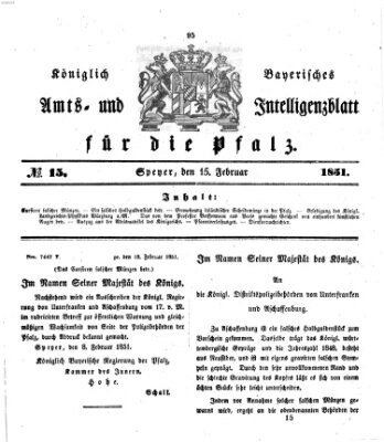 Königlich bayerisches Amts- und Intelligenzblatt für die Pfalz Samstag 15. Februar 1851