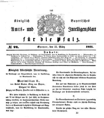 Königlich bayerisches Amts- und Intelligenzblatt für die Pfalz Samstag 22. März 1851