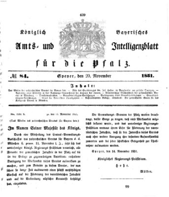 Königlich bayerisches Amts- und Intelligenzblatt für die Pfalz Donnerstag 20. November 1851