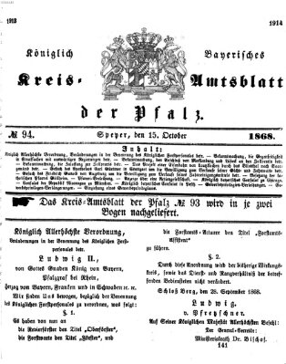 Königlich-bayerisches Kreis-Amtsblatt der Pfalz (Königlich bayerisches Amts- und Intelligenzblatt für die Pfalz) Donnerstag 15. Oktober 1868