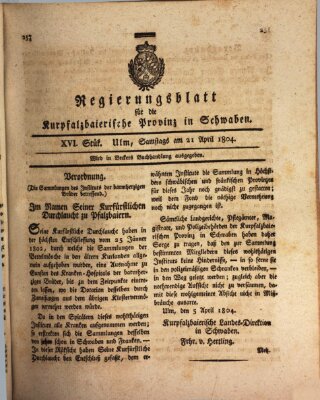 Regierungsblatt für die Kurpfalzbaierische Provinz in Schwaben Samstag 21. April 1804
