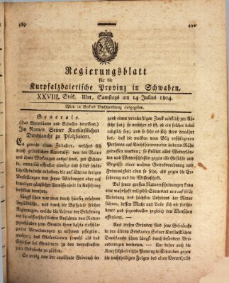 Regierungsblatt für die Kurpfalzbaierische Provinz in Schwaben Samstag 14. Juli 1804