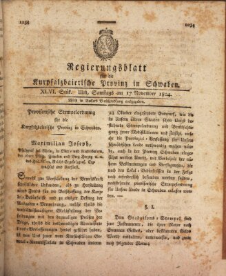 Regierungsblatt für die Kurpfalzbaierische Provinz in Schwaben Samstag 17. November 1804