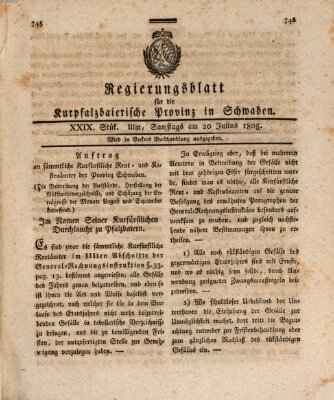Regierungsblatt für die Kurpfalzbaierische Provinz in Schwaben Samstag 20. Juli 1805