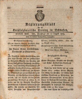 Regierungsblatt für die Kurpfalzbaierische Provinz in Schwaben Samstag 17. August 1805