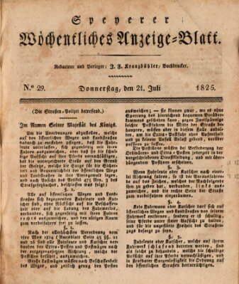Speyerer wöchentliches Anzeige-Blatt Donnerstag 21. Juli 1825