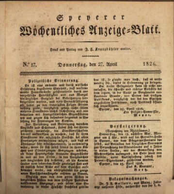 Speyerer wöchentliches Anzeige-Blatt Donnerstag 27. April 1826