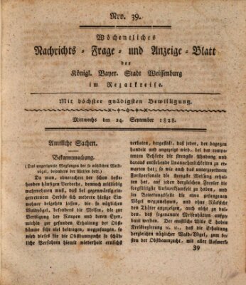 Wöchentliches Nachrichts-, Frage- und Anzeige-Blatt der Königlich Bayerischen Stadt Weissenburg in Mittelfranken Mittwoch 24. September 1828