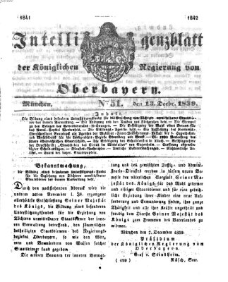 Intelligenzblatt der Königlich Bayerischen Regierung von Oberbayern (Münchner Intelligenzblatt) Freitag 13. Dezember 1839