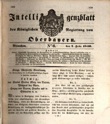 Intelligenzblatt der Königlich Bayerischen Regierung von Oberbayern (Münchner Intelligenzblatt) Freitag 7. Februar 1840