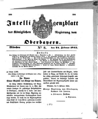 Intelligenzblatt der Königlichen Regierung von Oberbayern (Münchner Intelligenzblatt) Freitag 21. Februar 1845