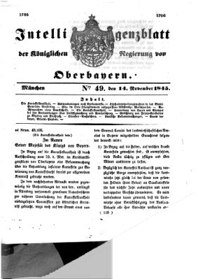 Intelligenzblatt der Königlichen Regierung von Oberbayern (Münchner Intelligenzblatt) Freitag 14. November 1845