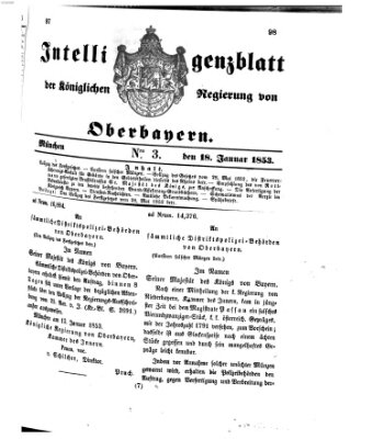 Intelligenzblatt der Königlichen Regierung von Oberbayern (Münchner Intelligenzblatt) Dienstag 18. Januar 1853