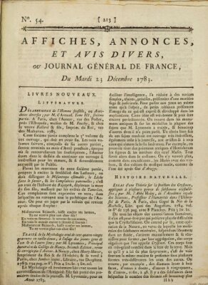 Affiches, annonces et avis divers ou Journal général de France (Affiches, annonces, et avis divers) Dienstag 23. Dezember 1783