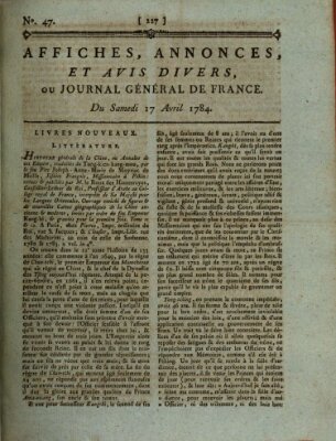 Affiches, annonces et avis divers ou Journal général de France (Affiches, annonces, et avis divers) Samstag 17. April 1784