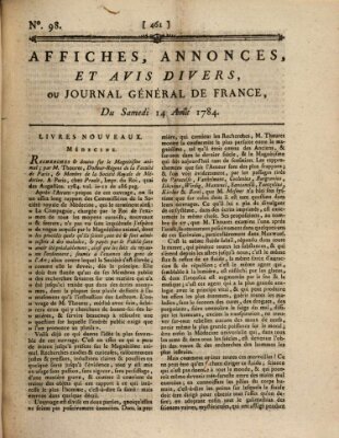 Affiches, annonces et avis divers ou Journal général de France (Affiches, annonces, et avis divers) Samstag 14. August 1784