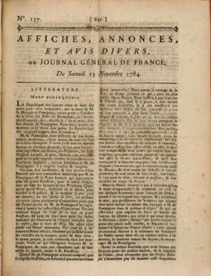 Affiches, annonces et avis divers ou Journal général de France (Affiches, annonces, et avis divers) Samstag 13. November 1784
