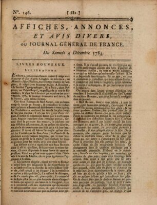 Affiches, annonces et avis divers ou Journal général de France (Affiches, annonces, et avis divers) Samstag 4. Dezember 1784