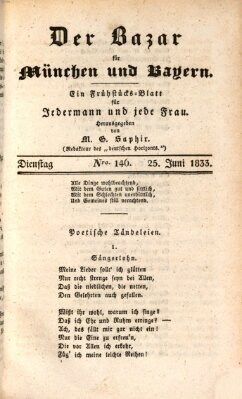 Der Bazar für München und Bayern Dienstag 25. Juni 1833