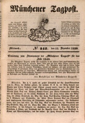 Münchener Tagpost (Münchener Morgenblatt) Mittwoch 11. Dezember 1839