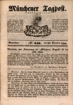 Münchener Tagpost (Münchener Morgenblatt) Donnerstag 26. Dezember 1839