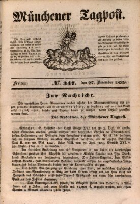 Münchener Tagpost (Münchener Morgenblatt) Freitag 27. Dezember 1839