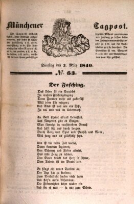 Münchener Tagpost (Münchener Morgenblatt) Dienstag 3. März 1840