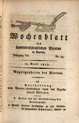 Wochenblatt des Landwirtschaftlichen Vereins in Bayern Dienstag 15. April 1817