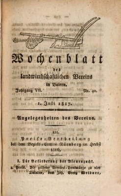 Wochenblatt des Landwirtschaftlichen Vereins in Bayern Dienstag 1. Juli 1817