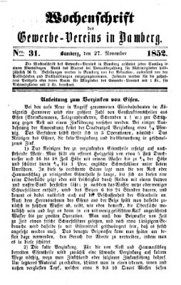 Wochenschrift des Gewerbe-Vereins der Stadt Bamberg Samstag 27. November 1852