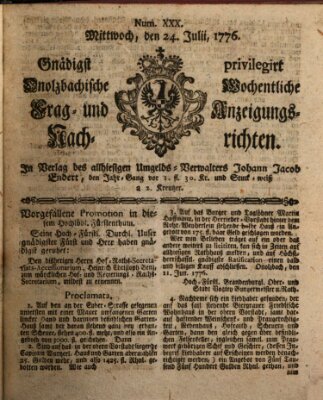 Onolzbachische wochentliche Frag- und Anzeigungsnachrichten (Ansbacher Intelligenz-Zeitung) Mittwoch 24. Juli 1776