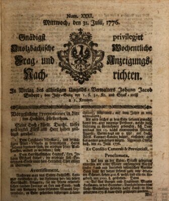 Onolzbachische wochentliche Frag- und Anzeigungsnachrichten (Ansbacher Intelligenz-Zeitung) Mittwoch 31. Juli 1776