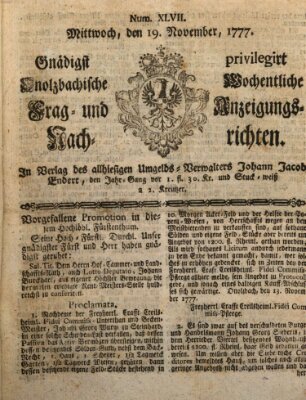 Onolzbachische wochentliche Frag- und Anzeigungsnachrichten (Ansbacher Intelligenz-Zeitung) Mittwoch 19. November 1777