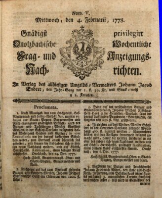Onolzbachische wochentliche Frag- und Anzeigungsnachrichten (Ansbacher Intelligenz-Zeitung) Mittwoch 4. Februar 1778