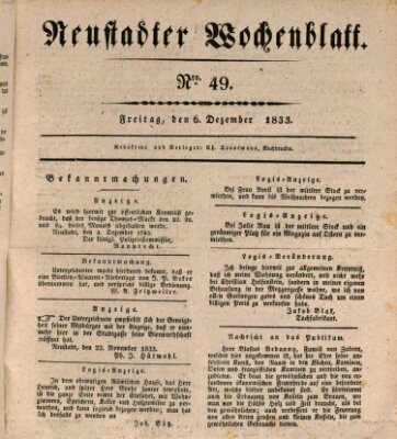 Neustadter Wochenblatt Freitag 6. Dezember 1833