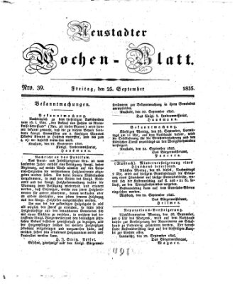 Neustadter Wochenblatt Freitag 25. September 1835