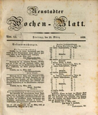 Neustadter Wochenblatt Freitag 25. März 1836