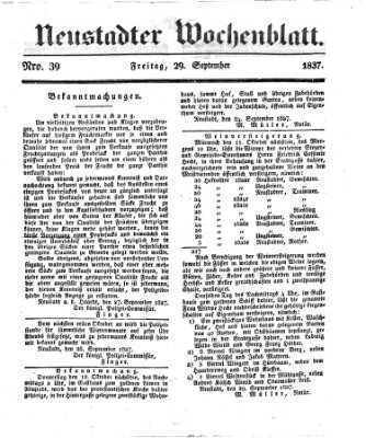 Neustadter Wochenblatt Freitag 29. September 1837